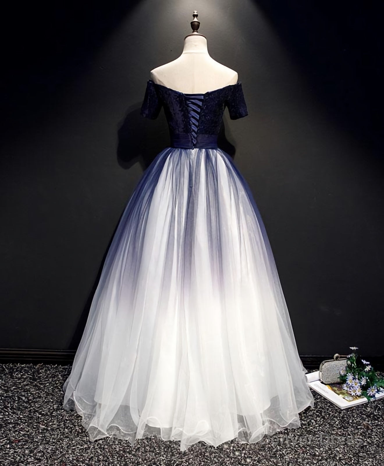 Blue Tulle Lace Long Prom Dress, Blue Tulle Lace Prom Dresses
