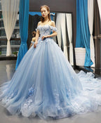 Blue Off Shoulder Tulle Lace Long Prom Gowns Blue Prom Dresses