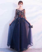 Dark Blue Tulle Lace Long Prom Dress Blue Prom Dresses