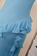 Light Blue Flaunt Sleeves Mermaid Ruffled Long Bridesmaid Dresses with Slit