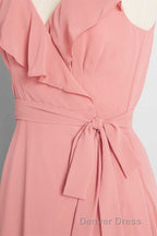 Peach Straps Ruffled High Low Bridesmaid Dresses