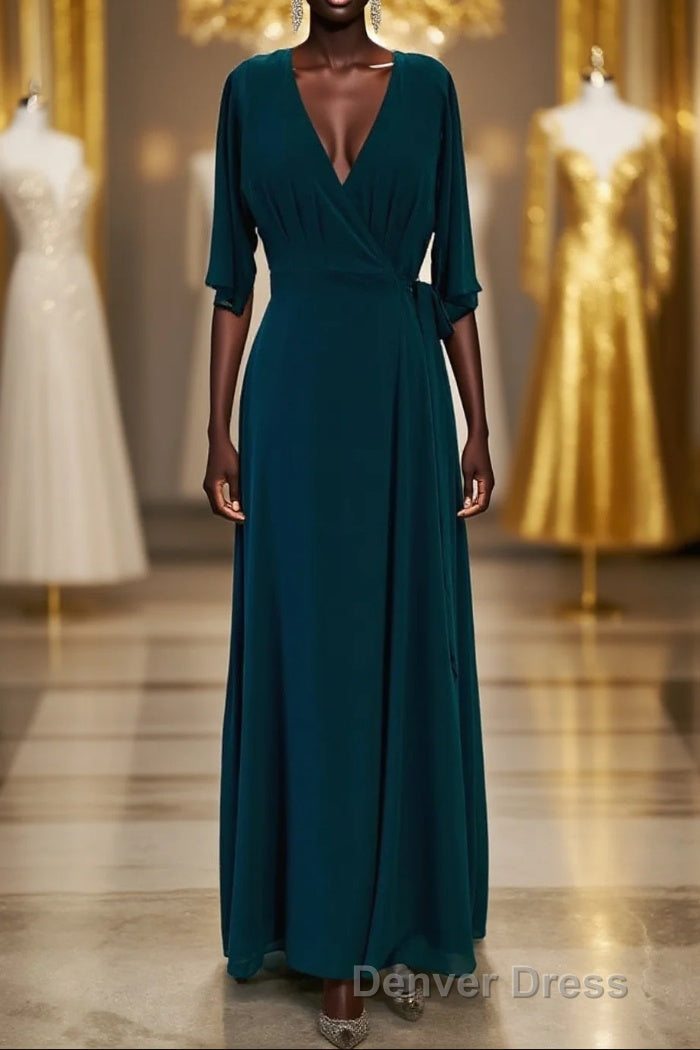 Wrap V Neck Sleeves Chiffon Long Bridesmaid Dresses with Sash