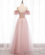 Pink V Neck Tulle Lace Long Prom Dress, Pink Bridesmaid Dresses, 1