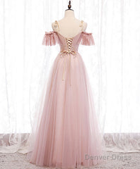 Pink V Neck Tulle Lace Long Prom Dress, Pink Bridesmaid Dress, 1