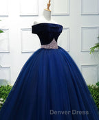 Dark Blue Tulle Off Shoulder Long Prom Dresses, Blue Sweet 16 Dresses