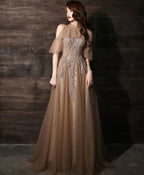Champagne High Neck Tulle Lace Long Prom Dress