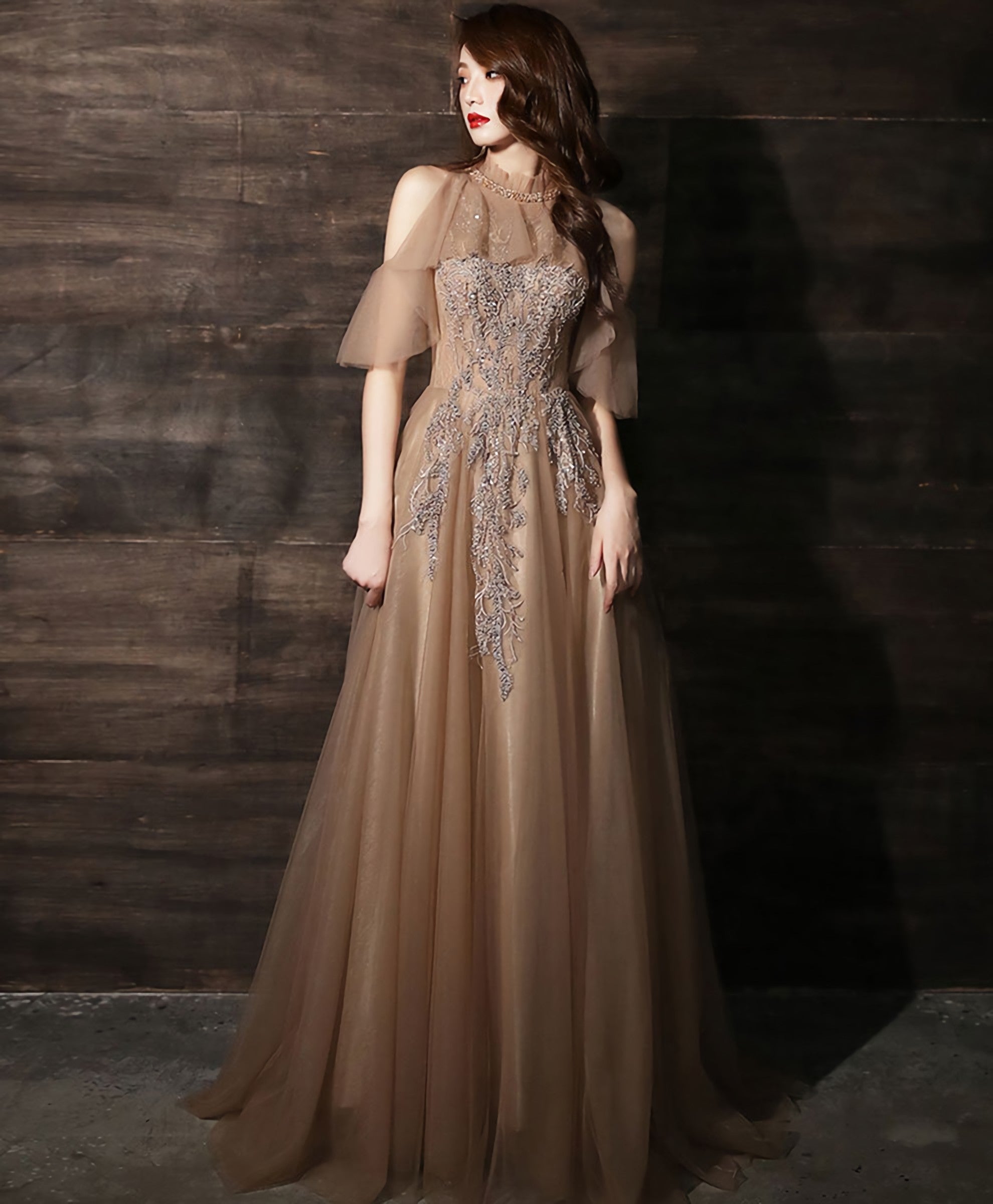 Champagne High Neck Tulle Lace Long Prom Dress