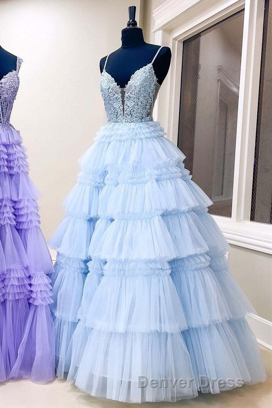 Plunging V Neck Straps Appliques Layered Prom Dresses
