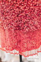 Red Lace-Up Sequins Sheath V Neck Homecoming Dress with Tassels