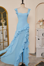 Light Blue Flaunt Sleeves Mermaid Ruffled Long Bridesmaid Dresses with Slit