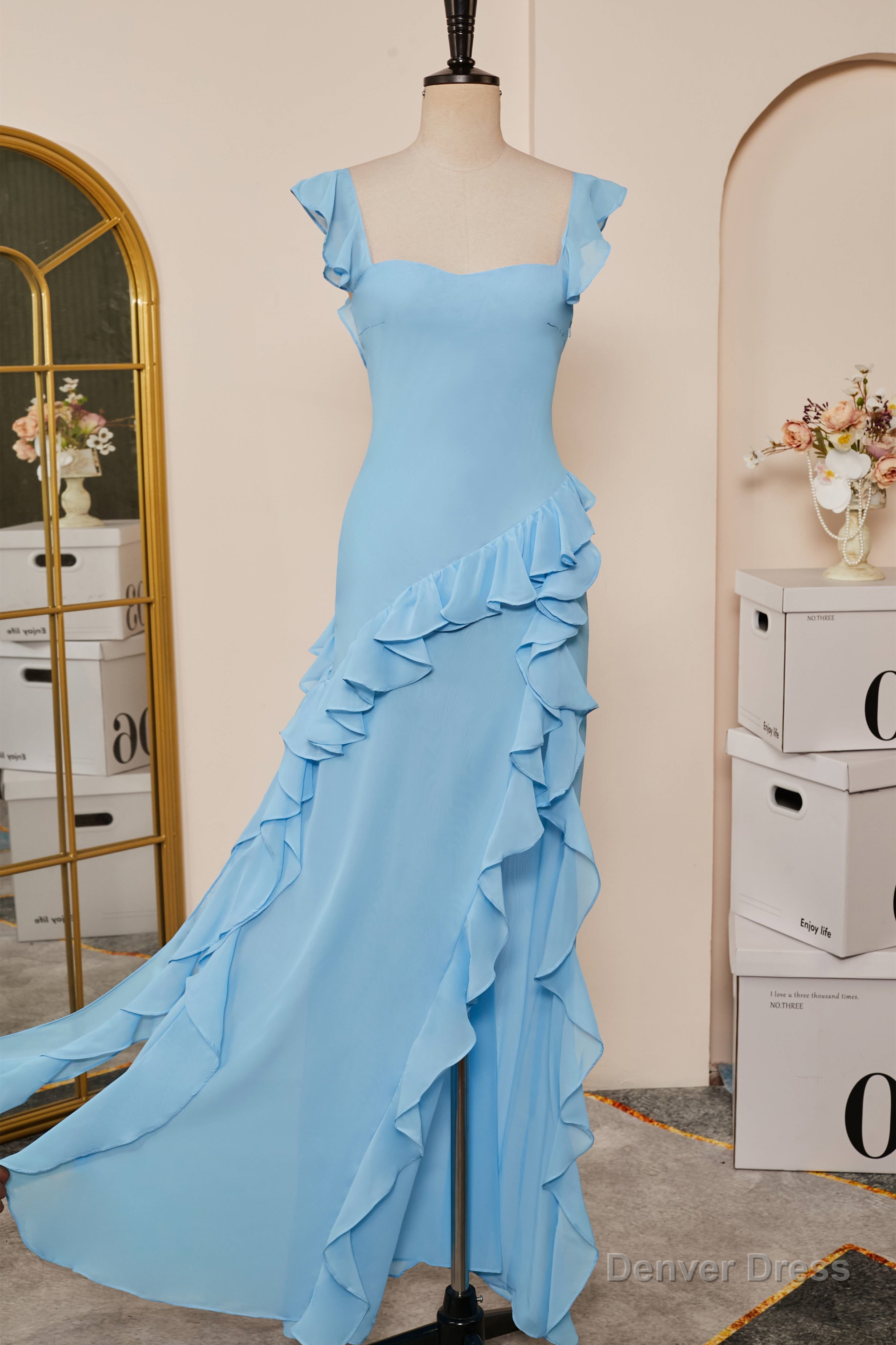 Light Blue Flaunt Sleeves Mermaid Ruffled Long Bridesmaid Dresses with Slit