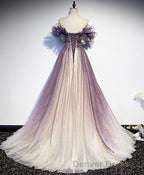 Purple Tulle Sequin Long Prom Dresses, Purple Tulle Formal Dresses