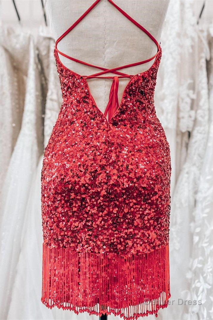 Red Lace Up Sequins Sheath V Neck Homecoming Dresses with Tassels Secondary image