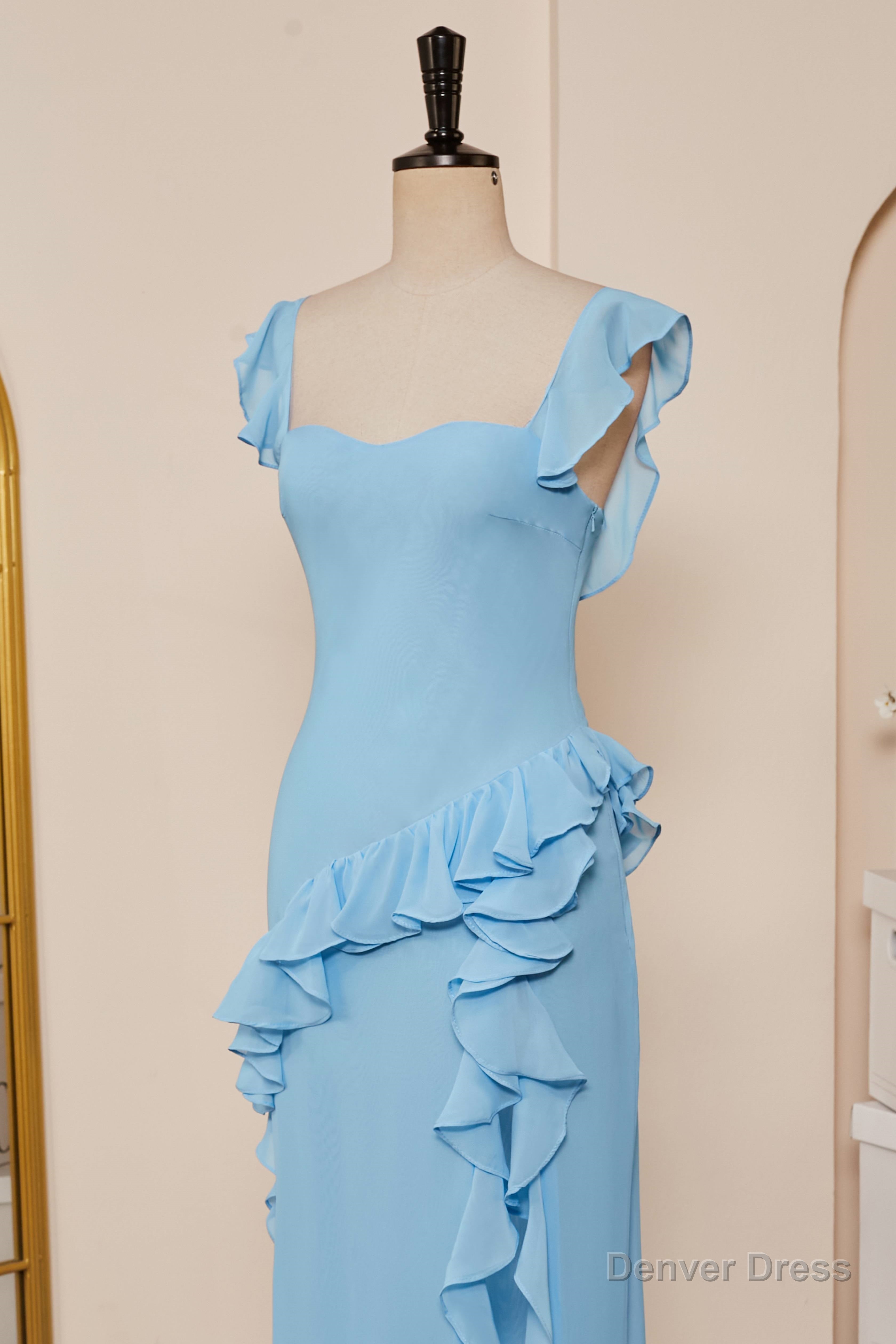 Light Blue Flaunt Sleeves Mermaid Ruffled Long Bridesmaid Dresses with Slit