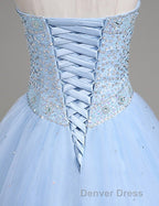 Light Blue Ball Gown Floor Length Sweetheart Strapless Sleevless Beading Prom Dresses