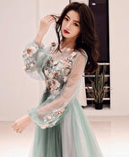 Green Tulle Lace Applique Long Prom Dress Green Prom Dresses 1