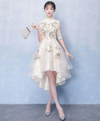 Unique Champagne Tulle Lace Applique Prom Dress
