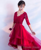 Burgundy V Neck Tulle Lace Short Prom Dress Bridesmaid Dresses