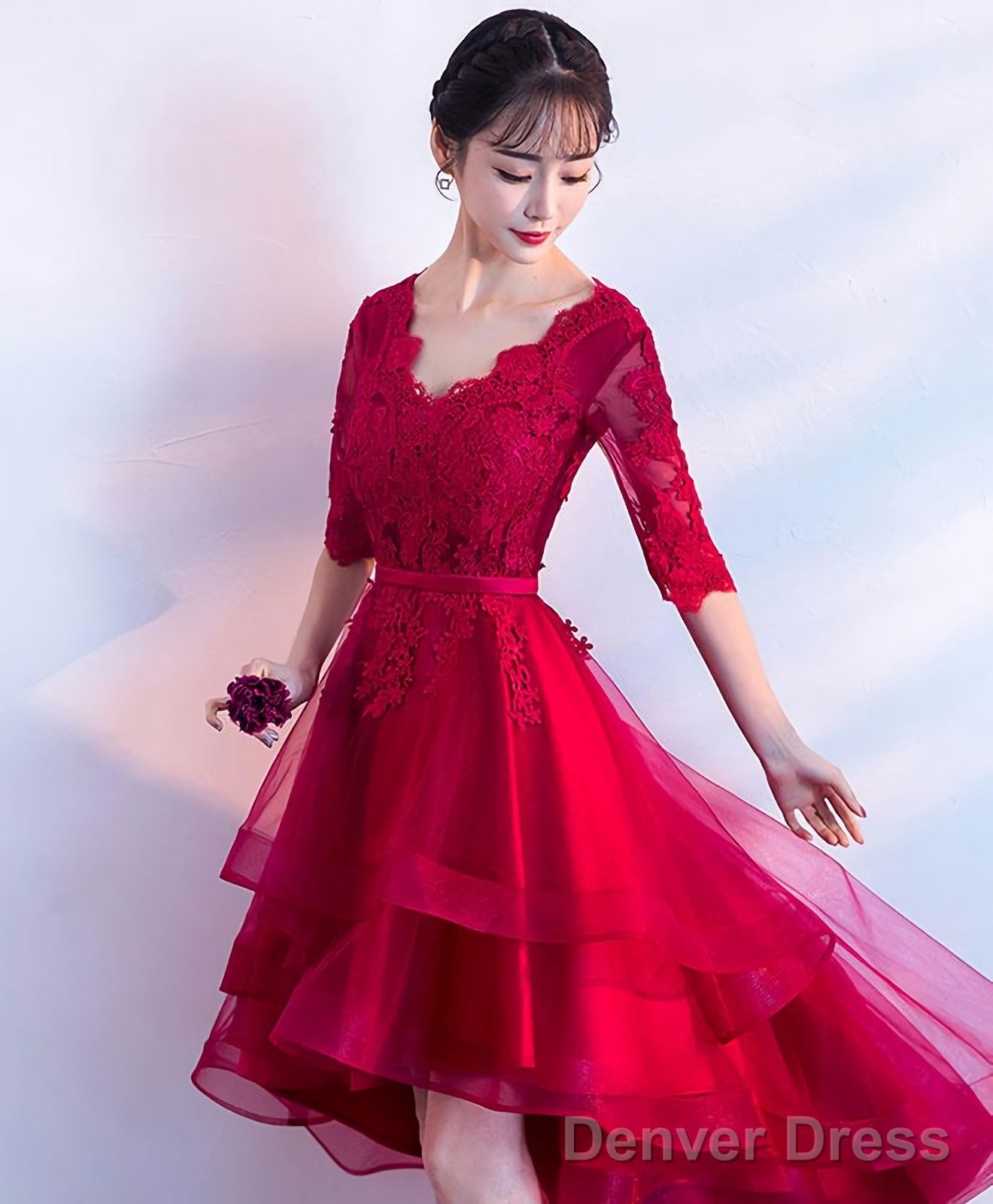 Burgundy V Neck Tulle Lace Short Prom Dress Bridesmaid Dresses