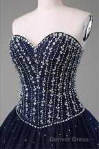Navy Blue Ball Gowns Floor Length Sweetheart Sleeveless Mid Back Prom Dresses