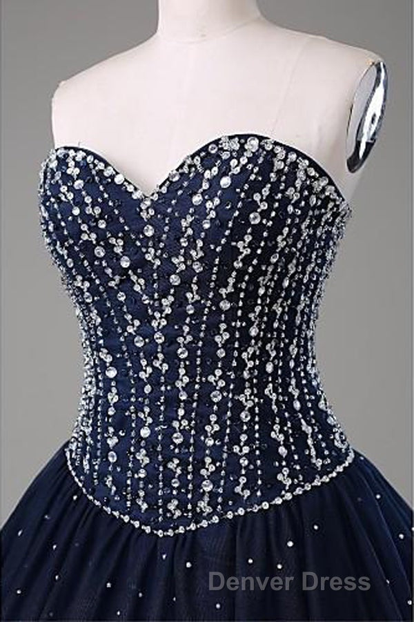 Navy Blue Ball Gowns Floor Length Sweetheart Sleeveless Mid Back Prom Dresses