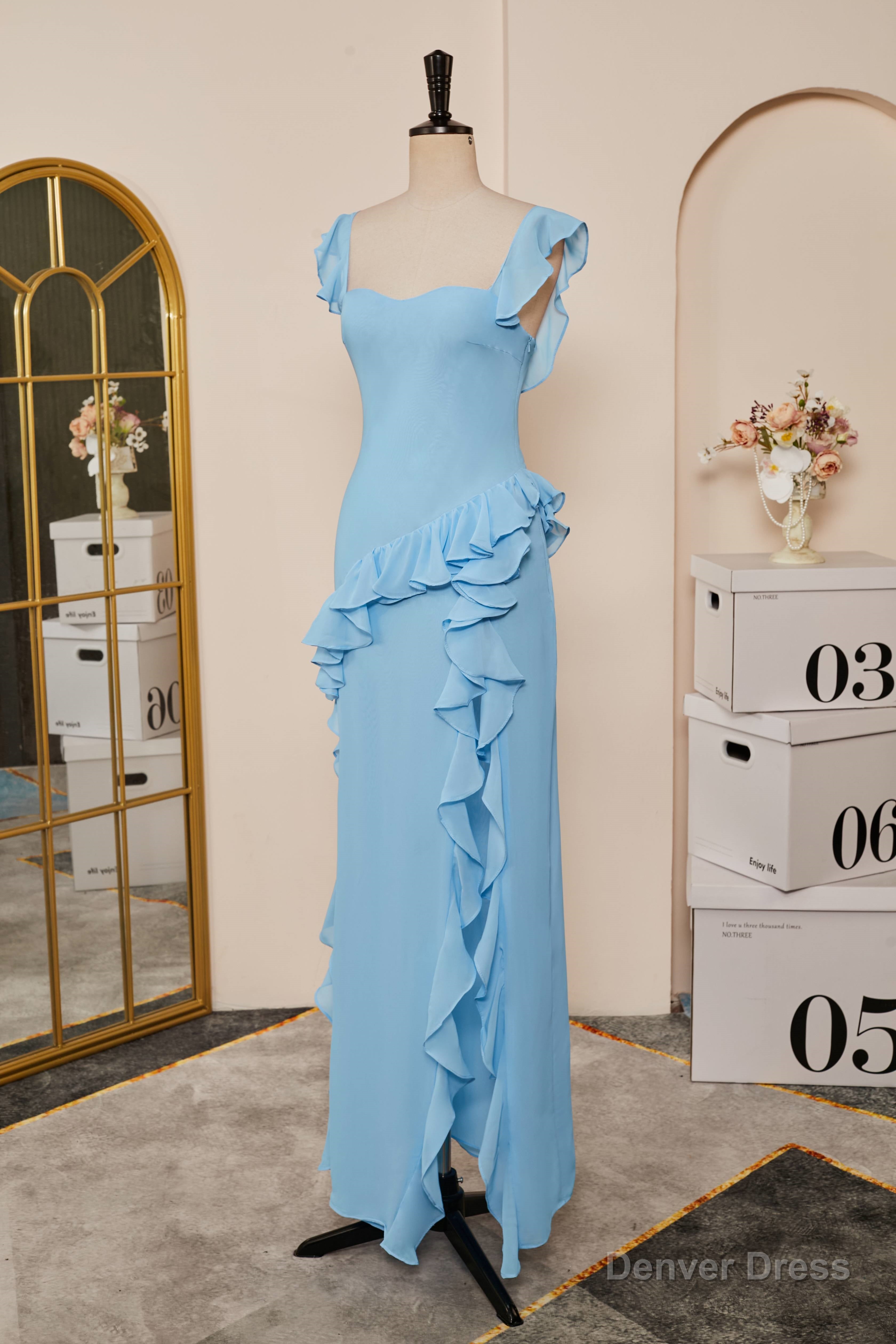 Light Blue Flaunt Sleeves Mermaid Ruffled Long Bridesmaid Dresses with Slit Secondary image