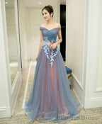 Gray Blue Tulle Off Shoulder Long Prom Dress Gray Blue Prom Dresses