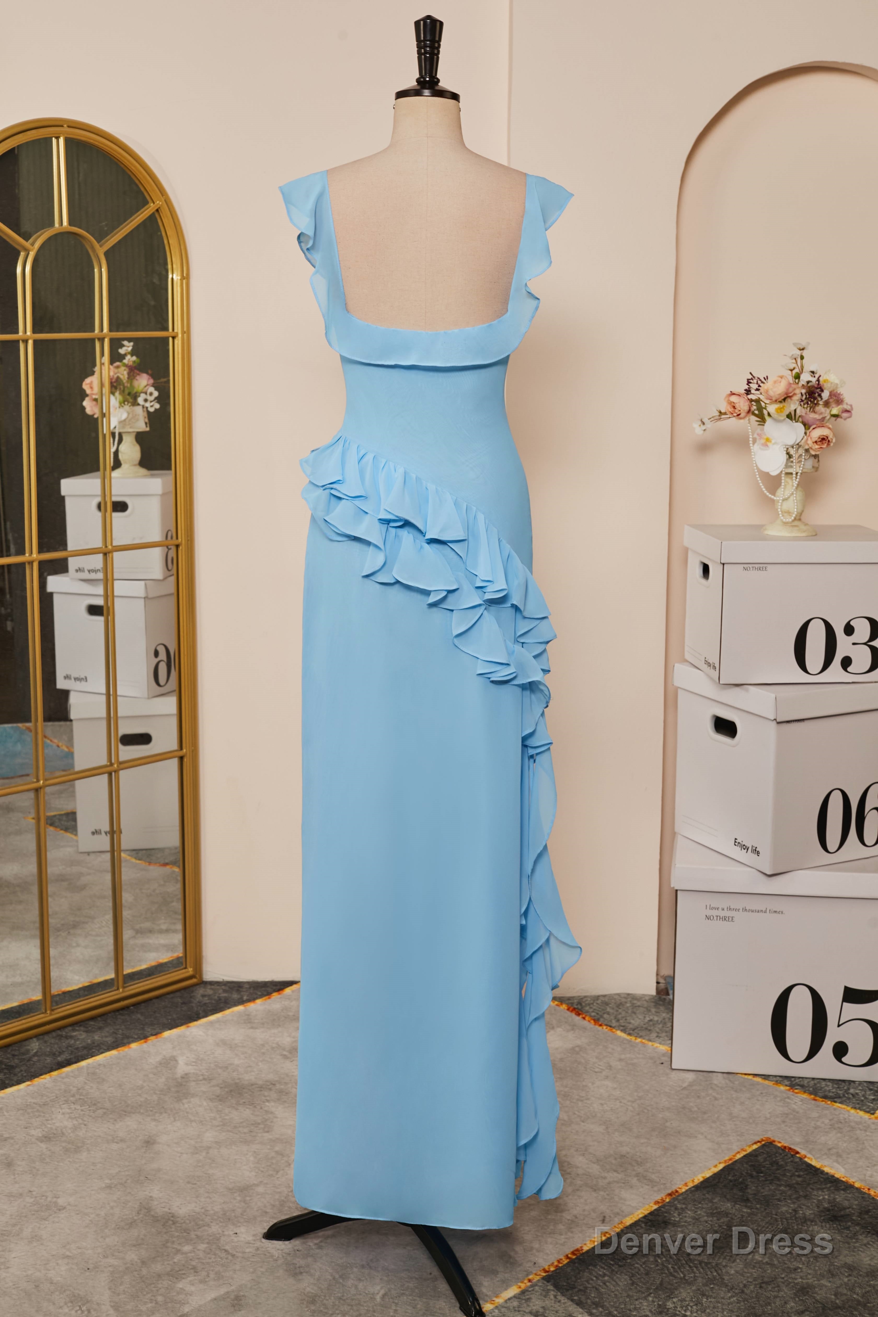 Light Blue Flaunt Sleeves Mermaid Ruffled Long Bridesmaid Dresses with Slit