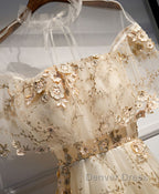 Champagne Tulle Lace Long Prom Dress, Champagne Prom Dresses, 1
