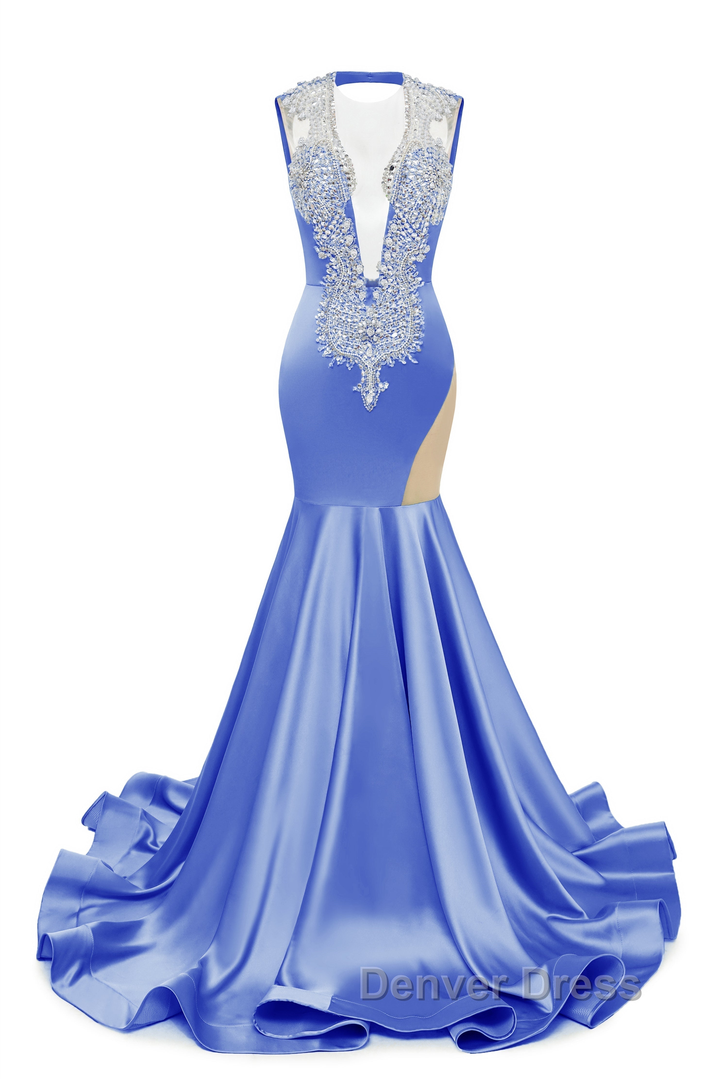 V Neck Mermaid Brush Train Hollow Sleeveless Beading Prom Dresses
