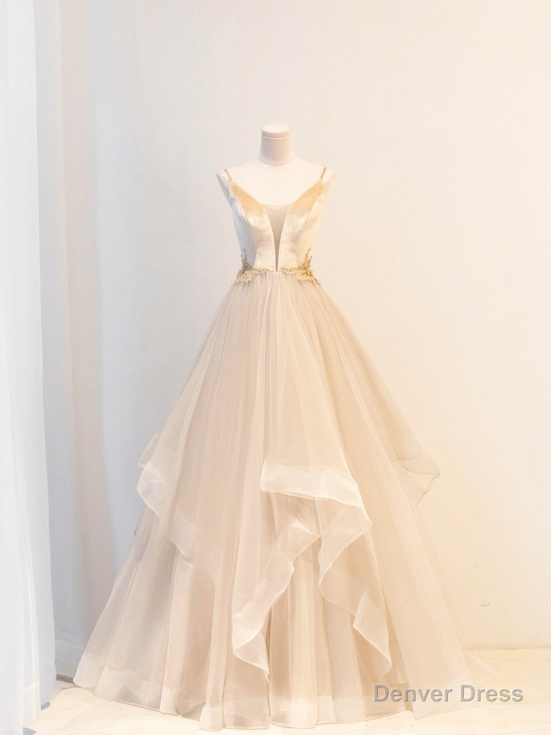 Champagne Velvet and Tulle Long Prom Dress, V-Neck Spaghetti Strap Evening Dress Main image