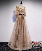 Champagne Sweetheart Tulle Long Prom Dresses, Tulle Formal Dresses