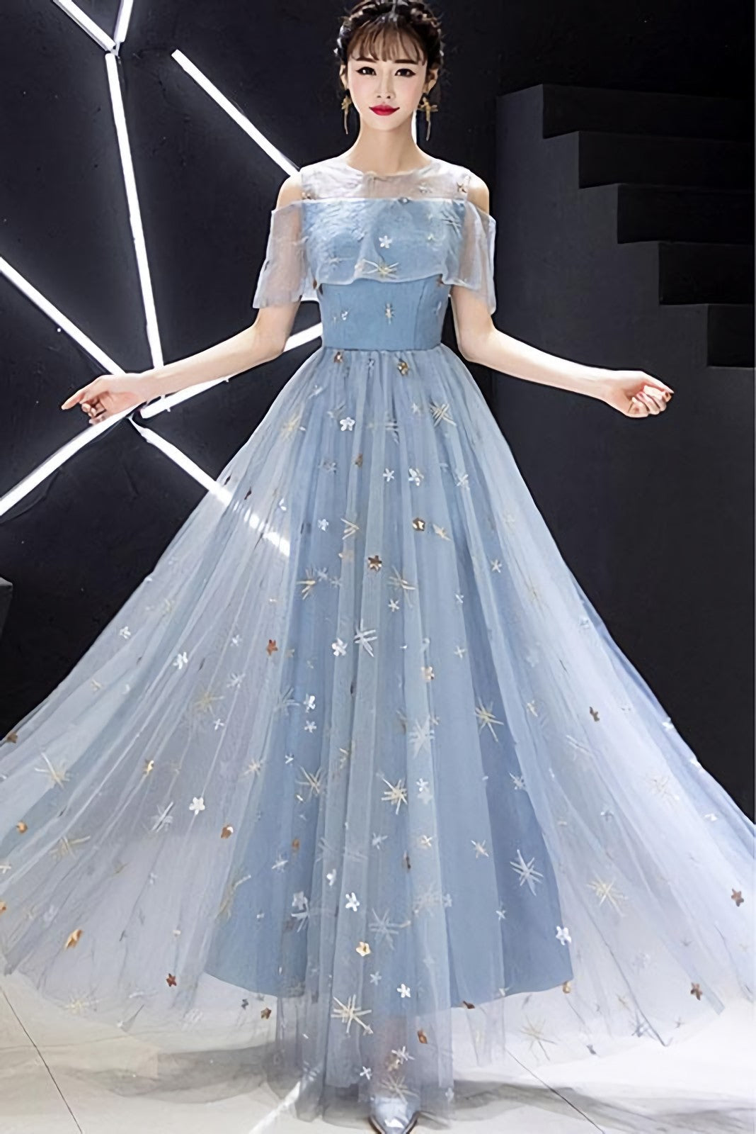 Blue Round Neck Tulle Long Prom Dress, Blue Tulle Prom Dresses