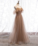 Champagne Tulle Sequin Long Prom Dresses, Champagne Evening Dresses