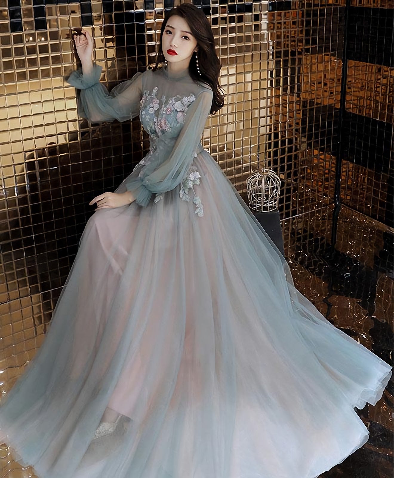 Green Tulle Lace Long Prom Dress Green Tulle Prom Dresses