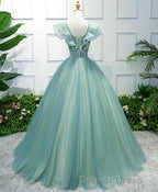Green V Neck Tulle Long Prom Dresses, Green Evening Dresses