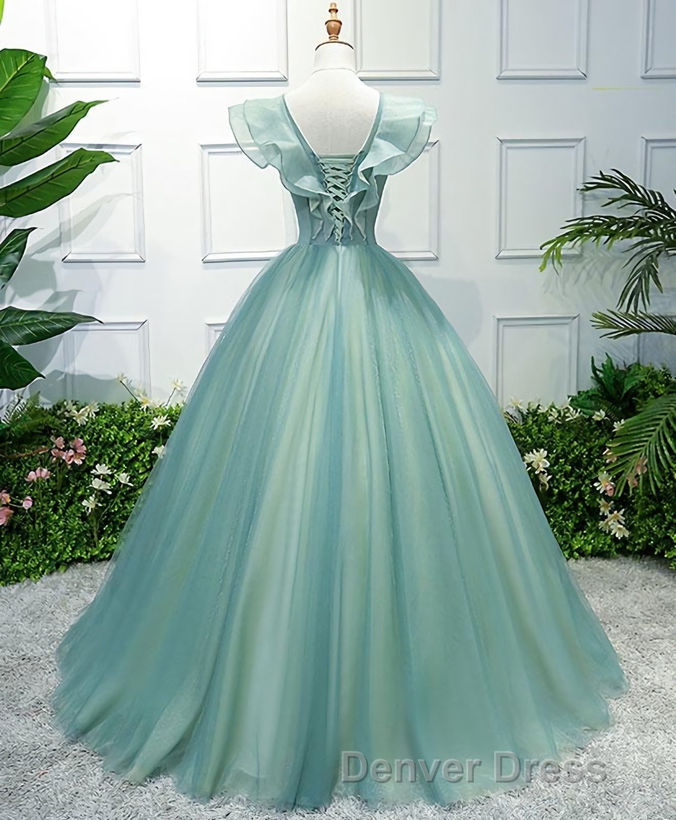 Green V Neck Tulle Long Prom Dresses, Green Evening Dresses