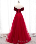 Burgundy Tulle Off Shoulder Long Prom Dresses, Burgundy Formal Dresses