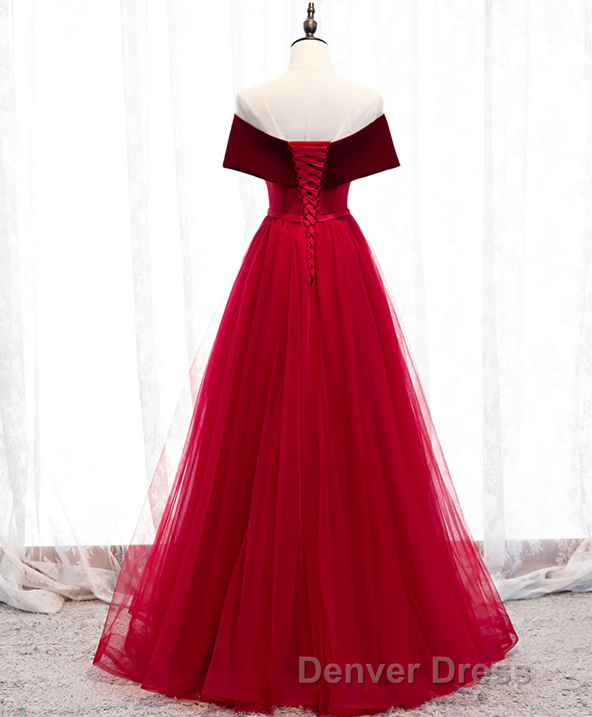 Burgundy Tulle Off Shoulder Long Prom Dresses, Burgundy Formal Dresses