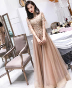 Champagne High Neck Tulle Lace Long Prom Dress Champagne Prom Dresses