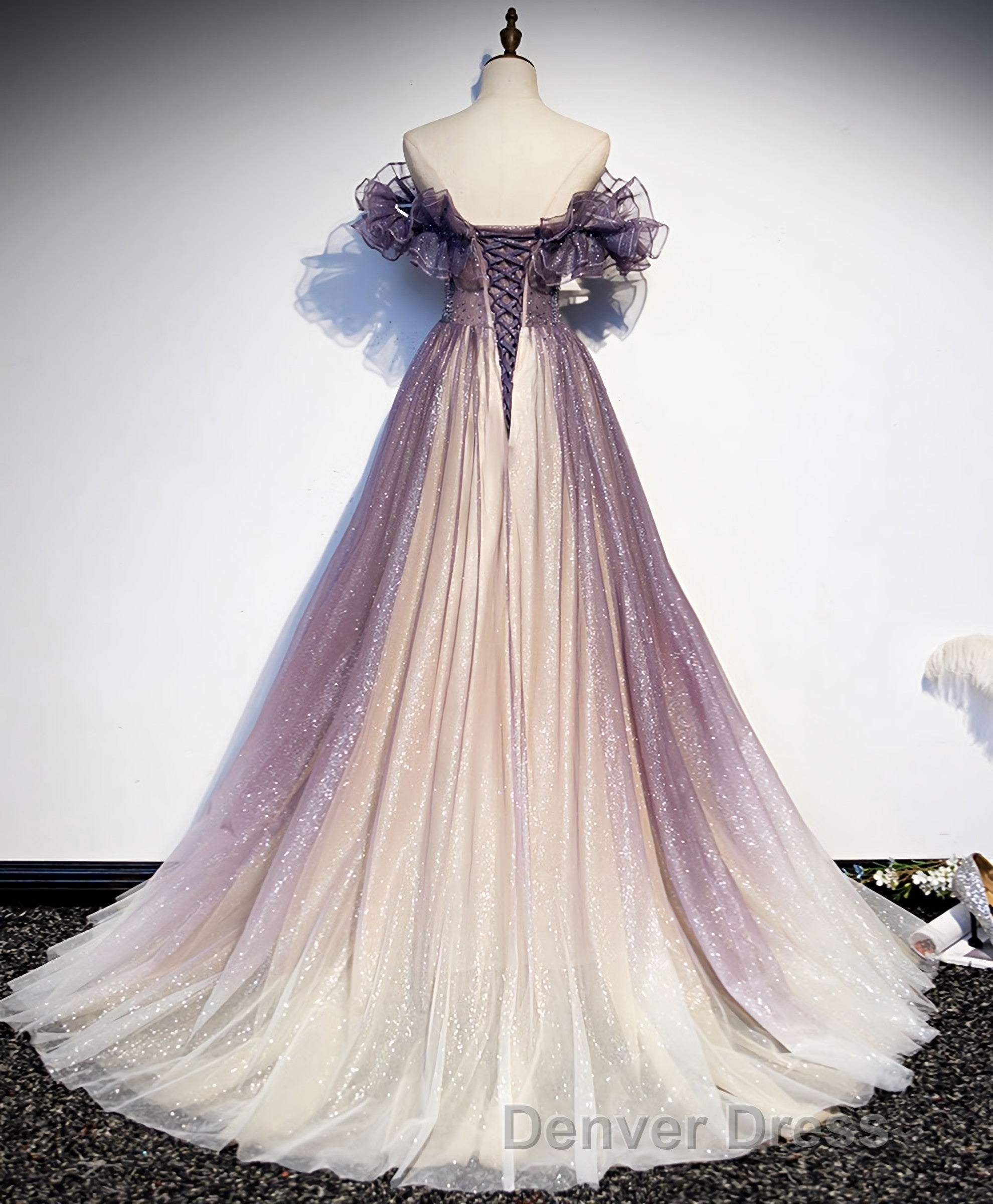 Purple Tulle Sequin Long Prom Dress, Purple Tulle Prom Dresses