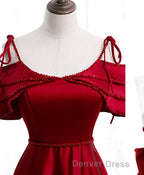 Burgundy Satin Beads Long Prom Dresses, Burgundy Evening Dresses