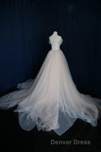 Elegant V Neck Off Shoulder Tulle Pleat Sweep Train Wedding Dresses