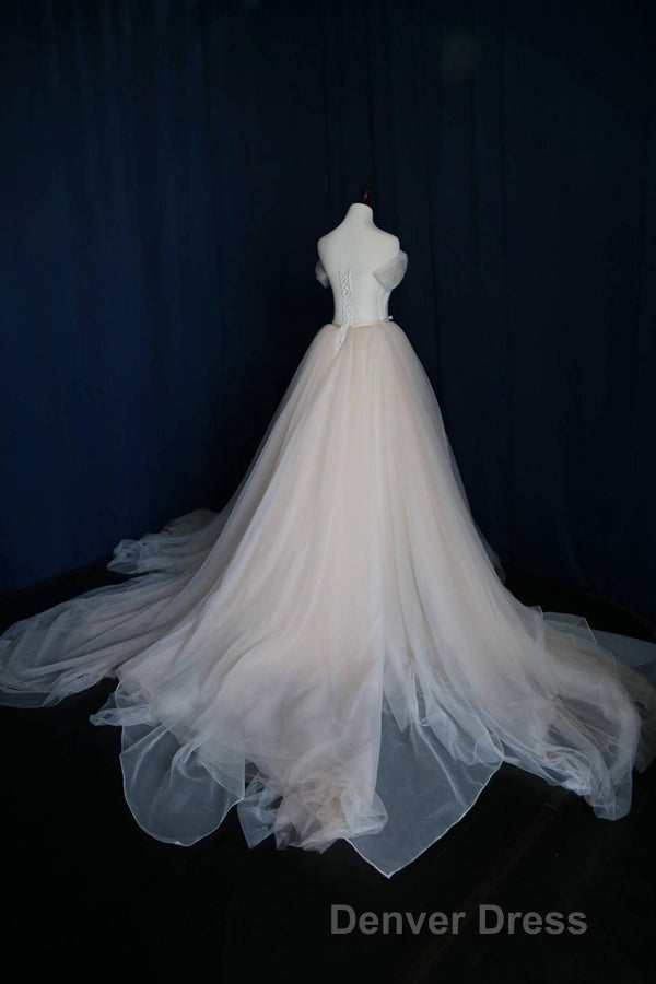 Elegant V Neck Off Shoulder Tulle Pleat Sweep Train Wedding Dresses