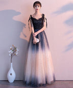 Black Sweetheart Tulle Sequin Long Prom Dress, Black Prom Dresses