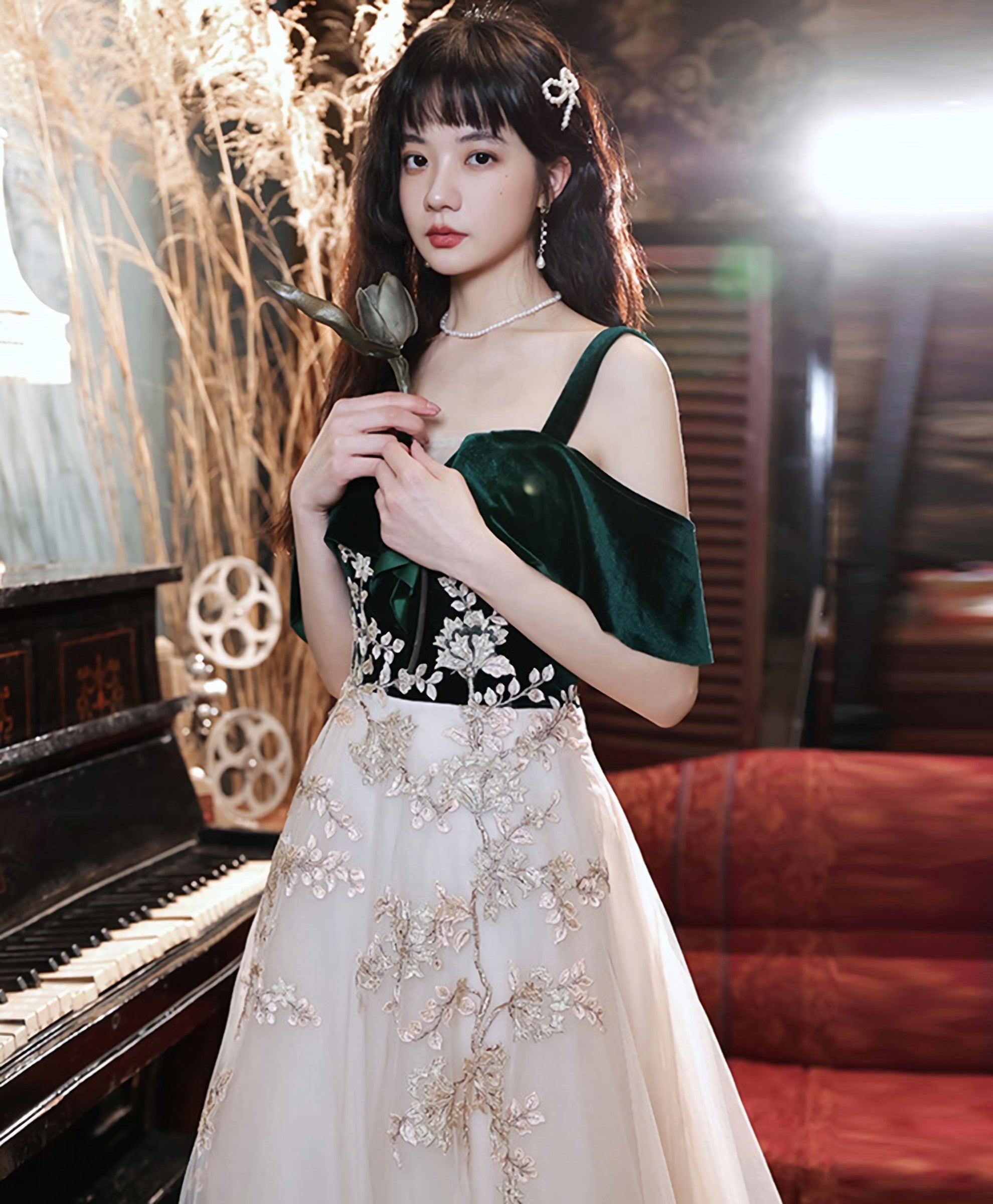 Green Tulle Lace Long Prom Dress Green Lace Prom Dresses
