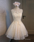 Champagne Lace Round Neck Short Prom Dress, Bridesmaid Dresses