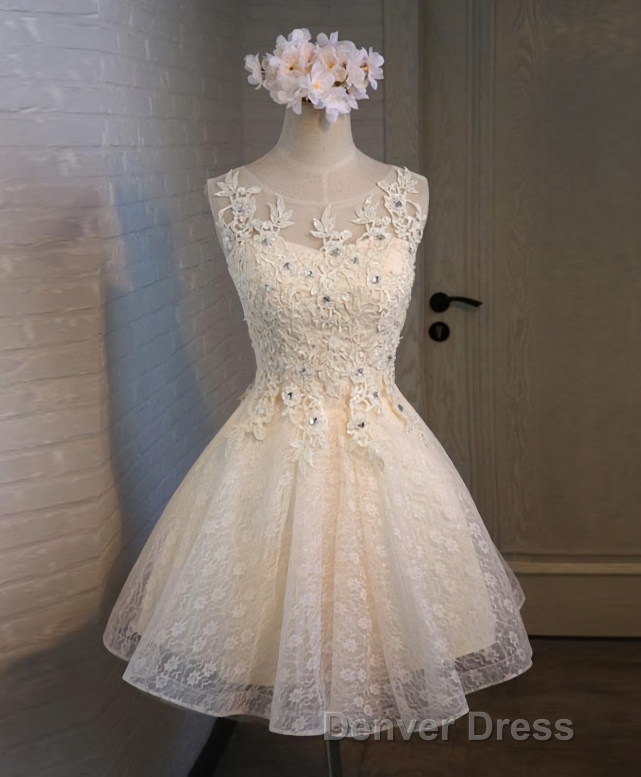 Champagne Lace Round Neck Short Prom Dress, Bridesmaid Dresses