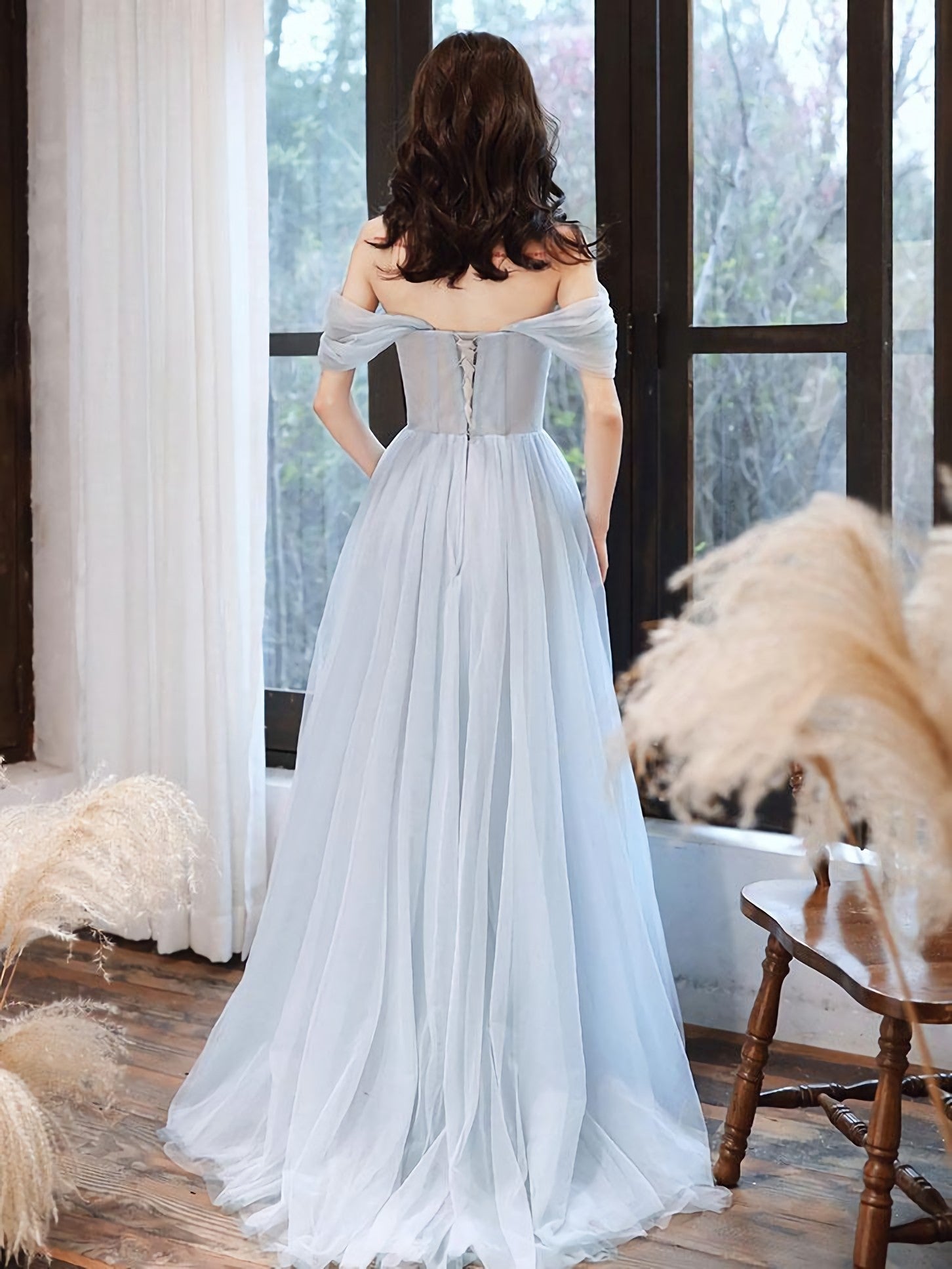 Blue Tulle Off Shoulder Tulle Lace Long Prom Dress Blue Prom Dresses