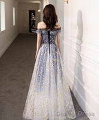 Blue Tulle Off Shoulder Lace Long Prom Dress Tulle Formal Dress